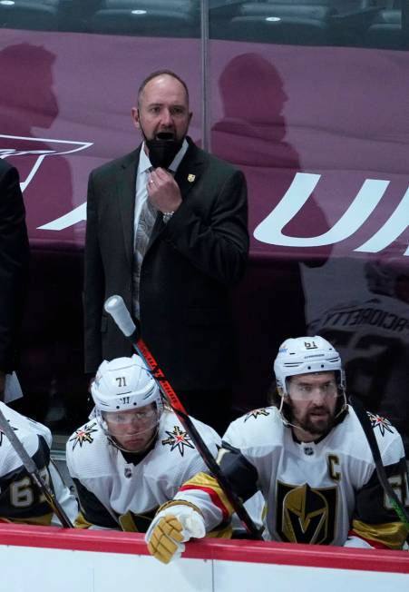 Vegas Golden Knights head coach Peter DeBoer looks on against the Colorado Avalanche in the thi ...