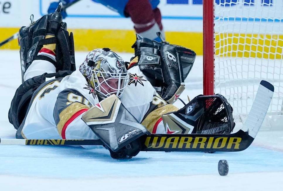 Vegas Golden Knights goaltender Robin Lehner (90) dives to make a save against the Colorado Ava ...