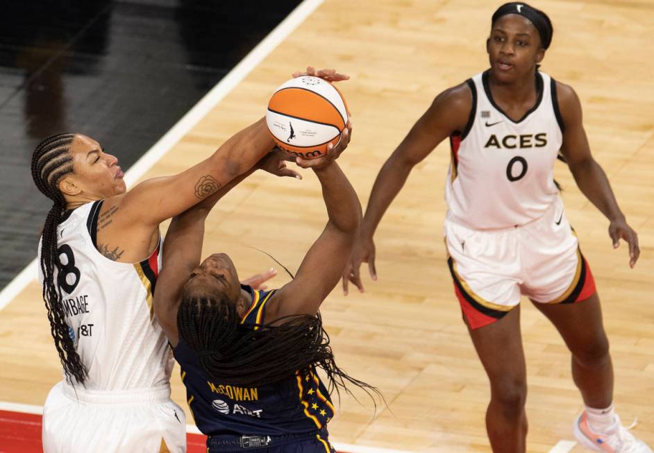 Las Vegas Aces center Liz Cambage (8) block the shot of Indiana Fever forward Teaira McCowan (1 ...