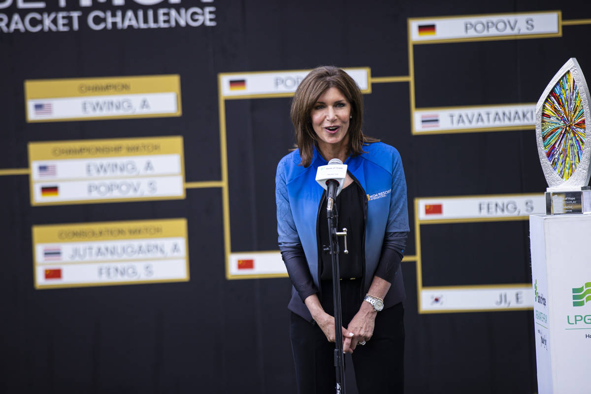 Ann Hoff, president and COO of Bellagio and Park MGM resorts, speaks after the championship rou ...