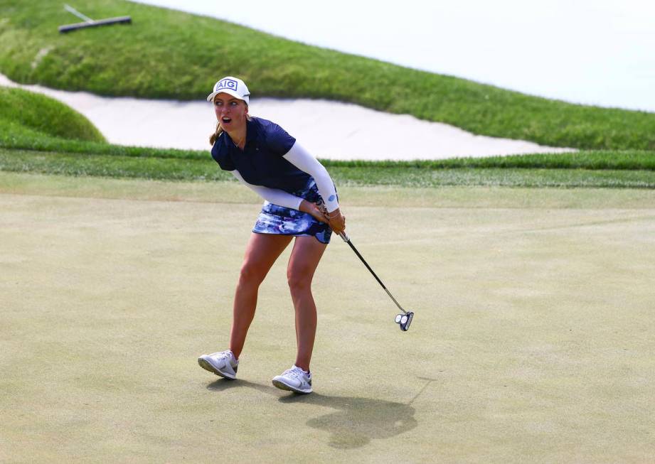 Sophia Popov reacts to a narrowly missed putt shot at the fourth hole during the championship r ...