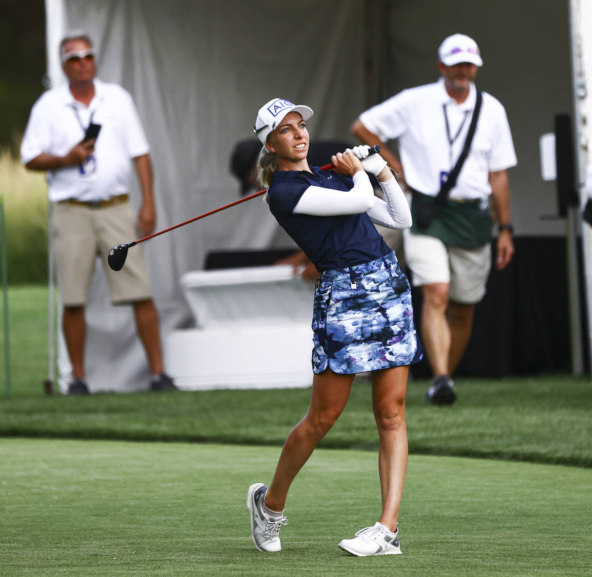 Sophia Popov watches her tee shot at the 15th hole during the championship round of the Bank of ...