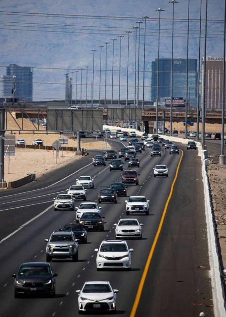 Traffic is backed up as motorists travel southbound on Interstate 15 in Las Vegas on Monday, Ma ...