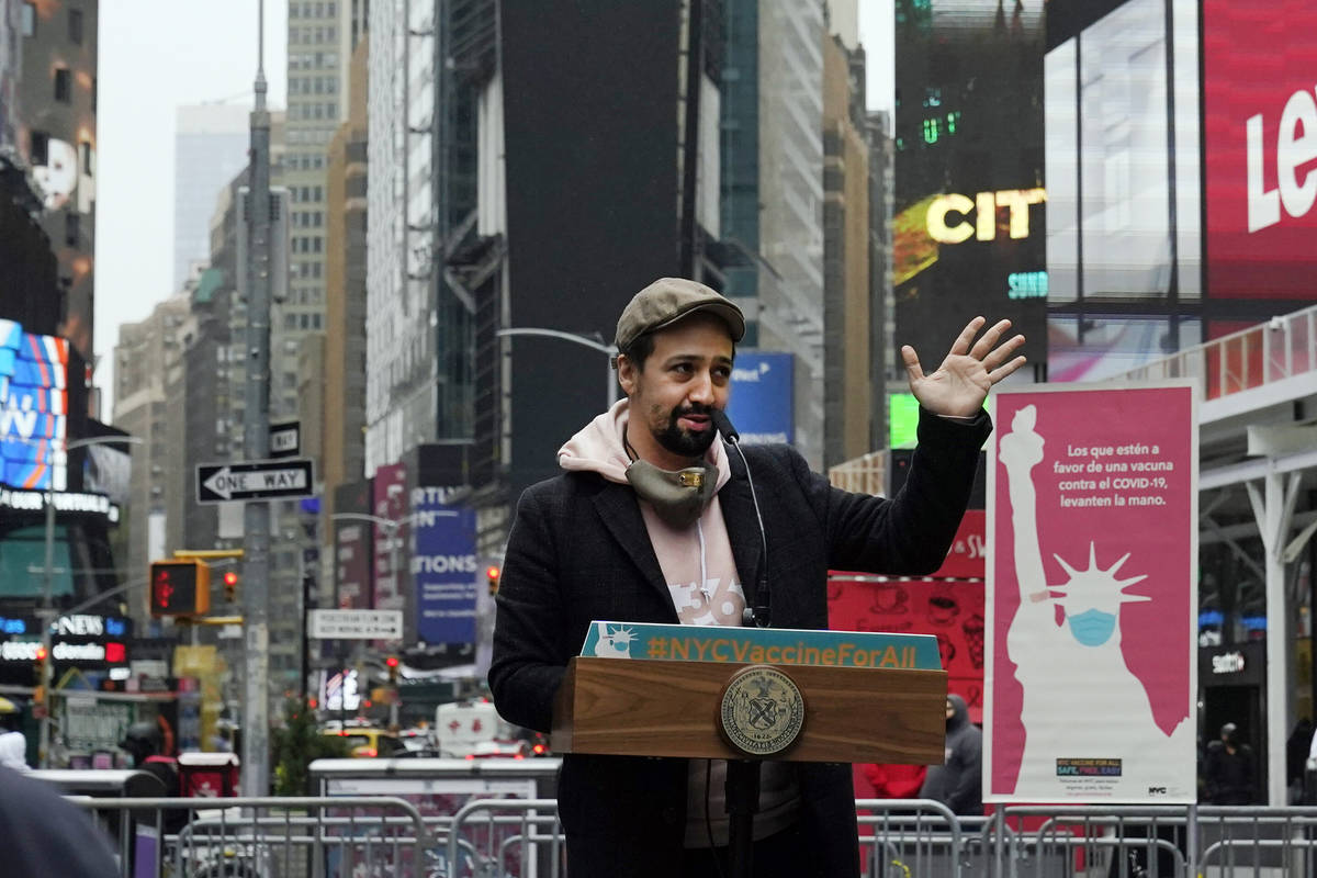 Actor Lin-Manuel Miranda speaks at Times Square after he toured the grand opening of a Broadway ...
