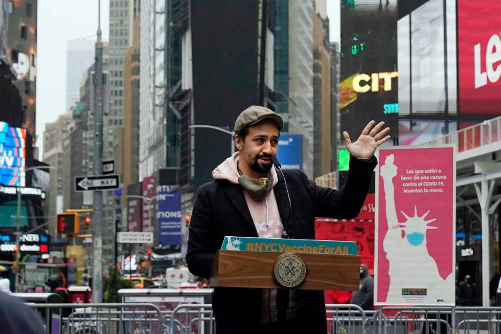 Actor Lin-Manuel Miranda speaks at Times Square after he toured the grand opening of a Broadway ...