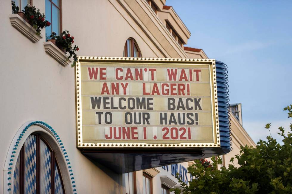 Signage for the grand reopening of Hofbrauhaus Las Vegas on Tuesday, June 1, 2021, in Las Vegas ...
