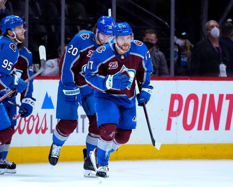 Colorado Avalanche center Tyson Jost (17) celebrates a goal against the Vegas Golden Knights du ...