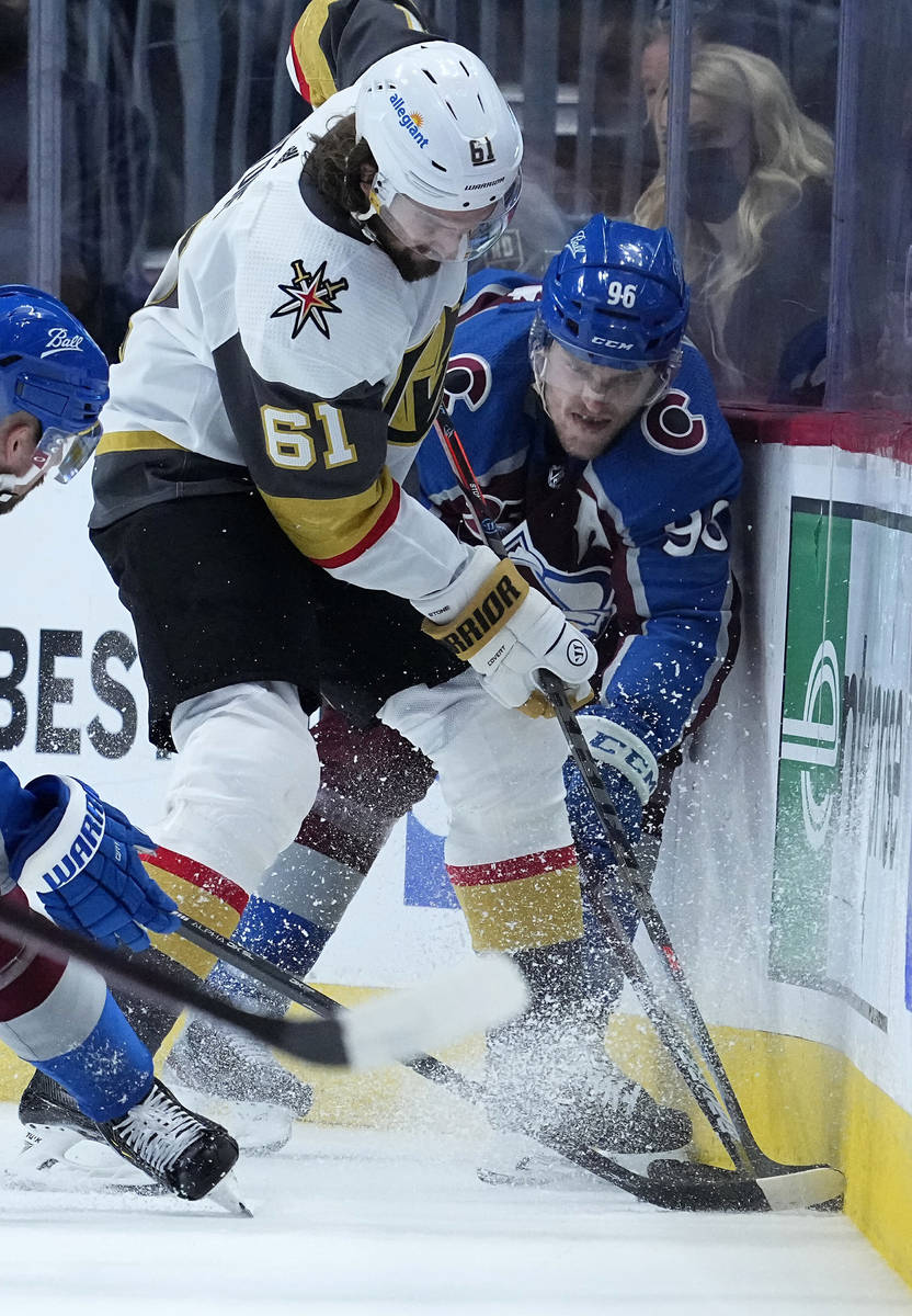 Colorado Avalanche right wing Mikko Rantanen (96) and Vegas Golden Knights right wing Mark Ston ...