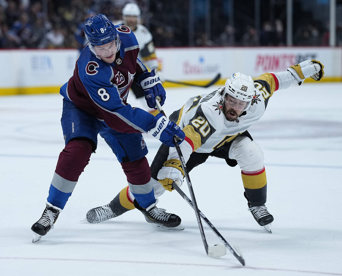 Colorado Avalanche defenseman Cale Makar (8) and Vegas Golden Knights center Chandler Stephenso ...