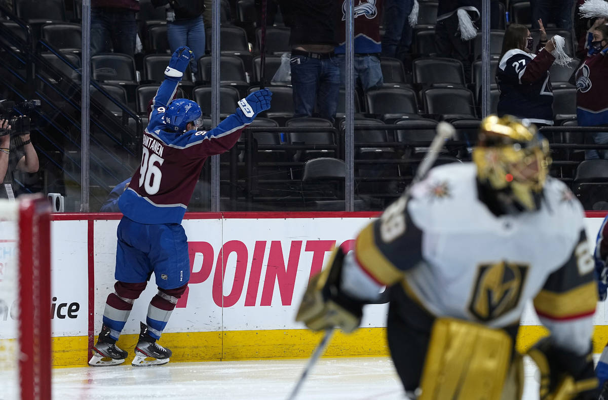 Colorado Avalanche right wing Mikko Rantanen (96) celebrates his overtime goal against Vegas Go ...