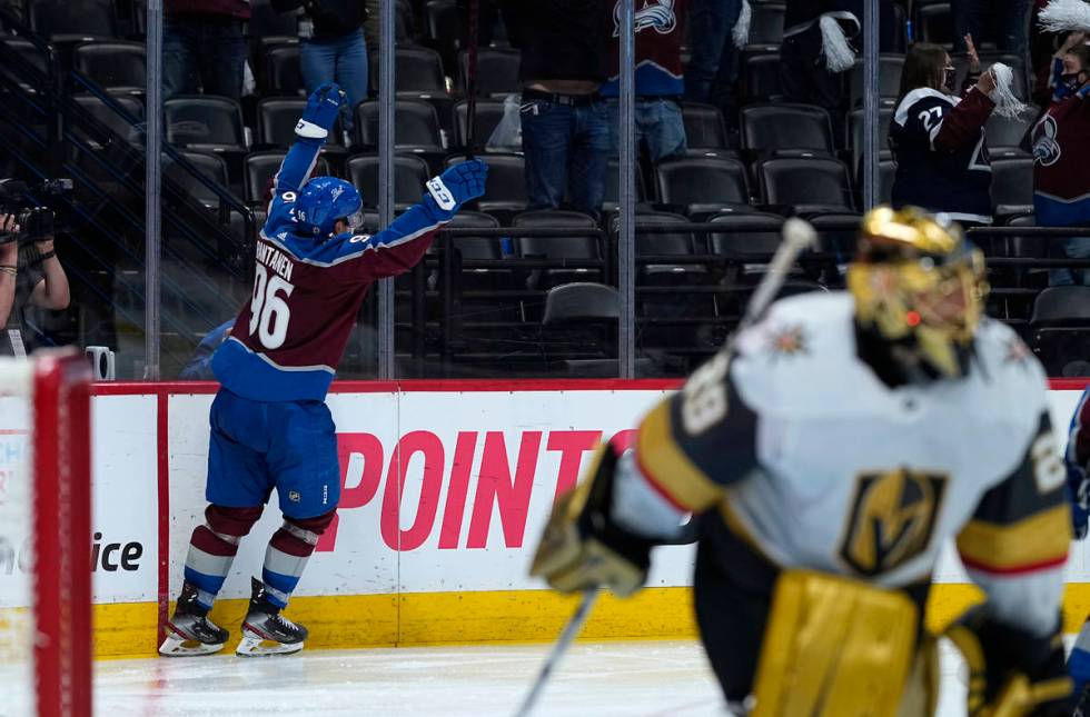 Colorado Avalanche right wing Mikko Rantanen (96) celebrates his overtime goal against Vegas Go ...