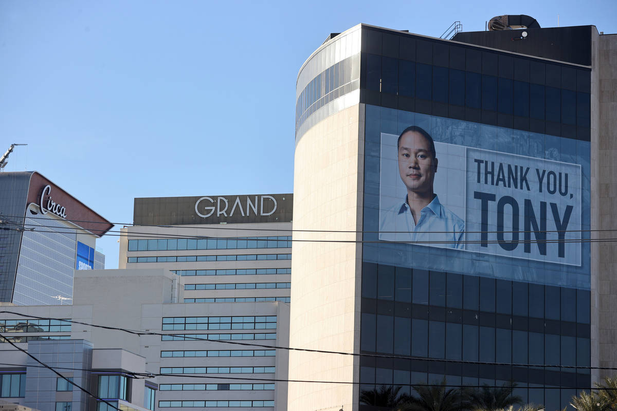 One of two building wraps on Zappos headquarters in downtown Las Vegas Tuesday, Jan. 5, 2021, h ...