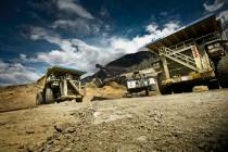 P&H electric mining shovel loads a Liebherr T282B trucks at the Barrick Gold Corp.Cortez mine, ...