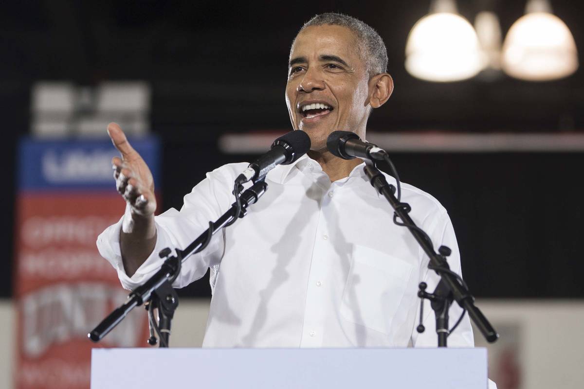 Former President Barack Obama speaks during a rally at Cox Pavilion on Monday, Oct. 22, 2018, i ...