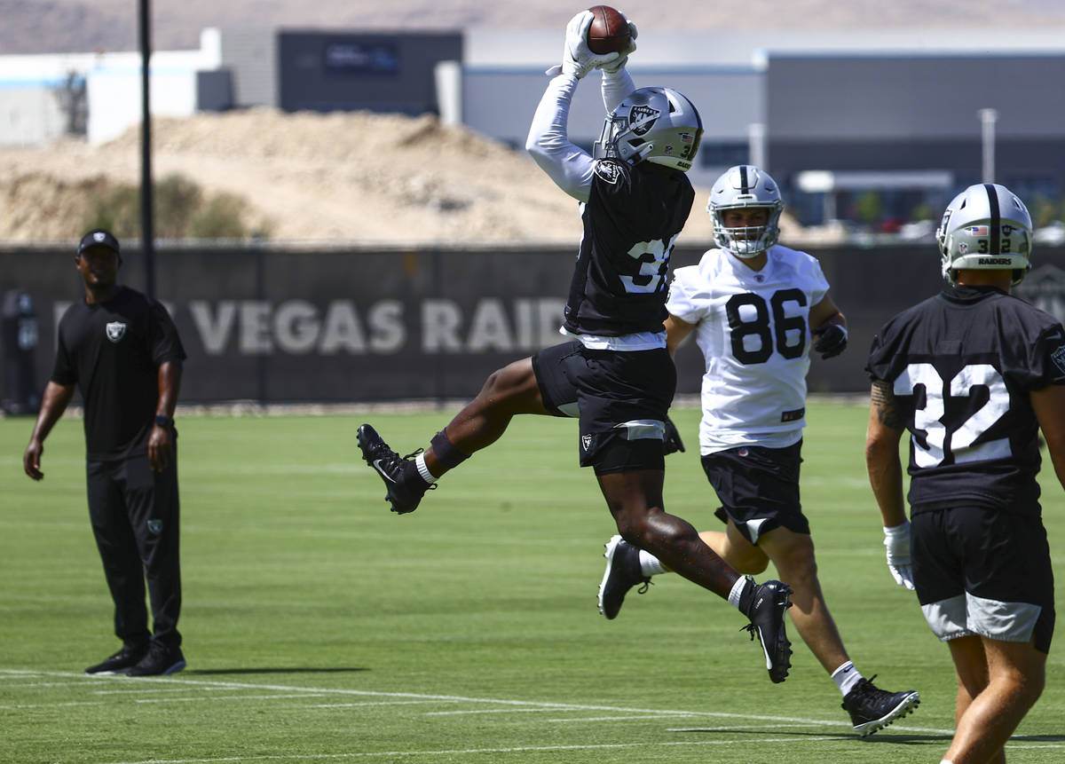 Raiders safety Tyree Gillespie (37) catches a pass during NFL football practice at Raiders head ...