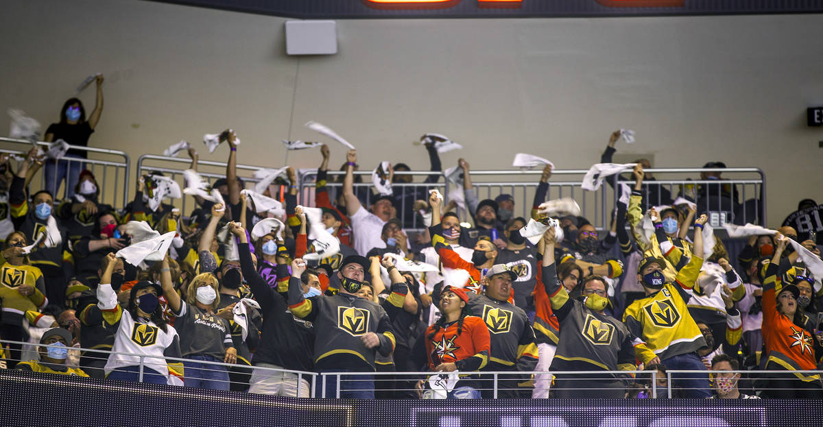 Golden Knights fans in the upper deck cheer versus the Minnesota Wild during the first period o ...