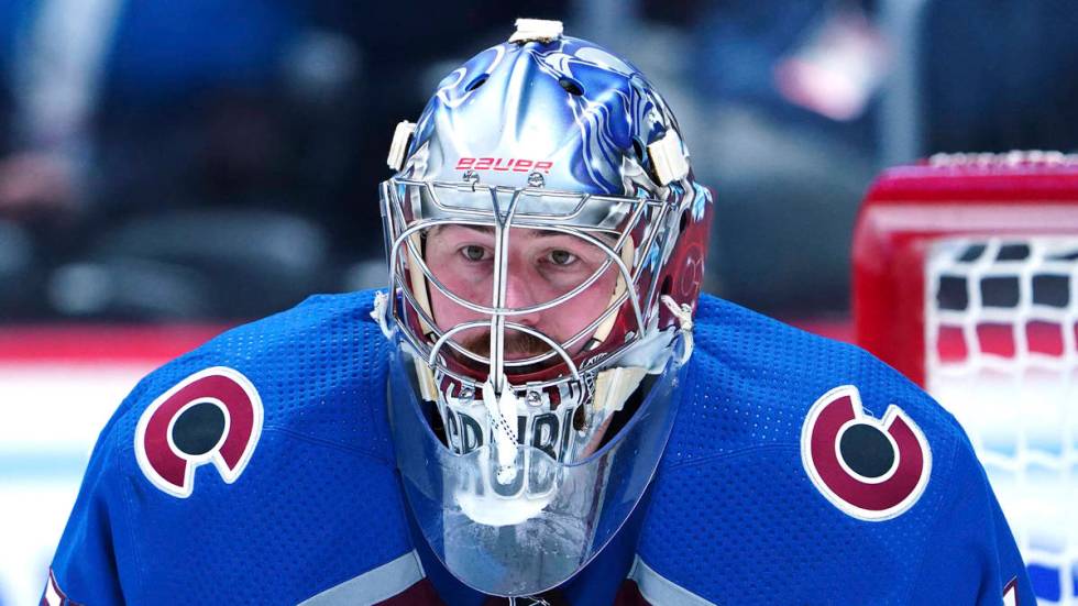 Colorado Avalanche goaltender Philipp Grubauer (31) eyes the puck against the Vegas Golden Knig ...