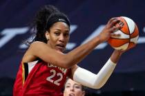 Las Vegas Aces' A'ja Wilson in action against the Seattle Storm during a WNBA basketball game S ...