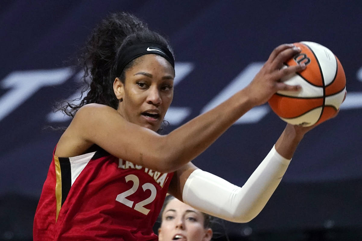 Las Vegas Aces' A'ja Wilson in action against the Seattle Storm during a WNBA basketball game S ...