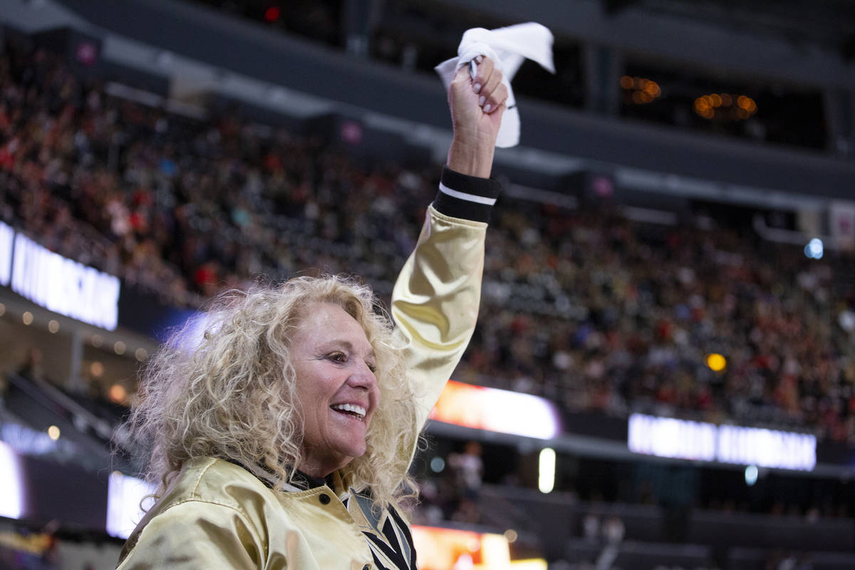 Golden Knights fan Iris Fieldman, of Las Vegas, cheers for her team before Game 3 of a second-r ...