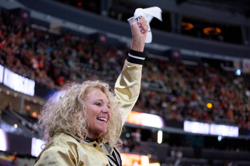 Golden Knights fan Iris Fieldman, of Las Vegas, cheers for her team before Game 3 of a second-r ...