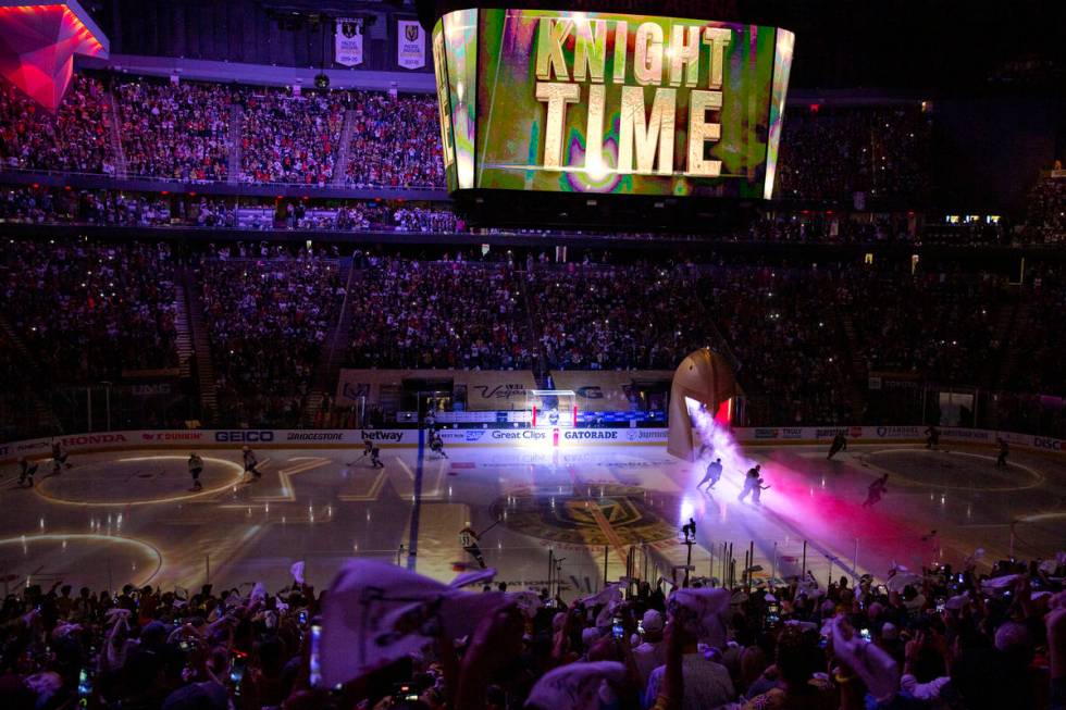 The Golden Knights take the ice for Game 3 of a second-round NHL hockey Stanley Cup playoff ser ...