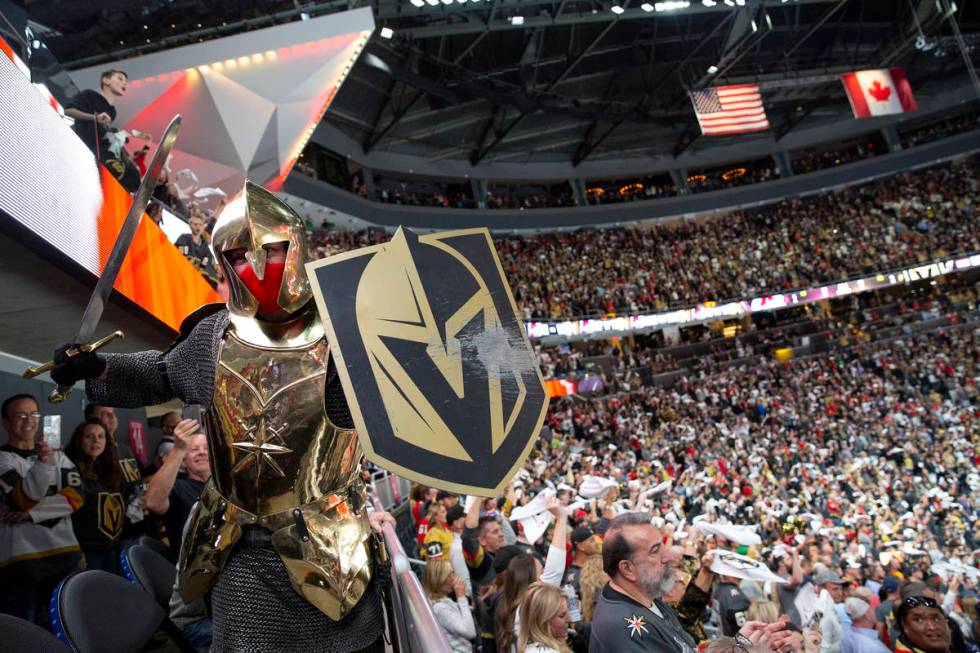 The Golden Knights mascot riles up the fans during Game 3 of a second-round NHL hockey Stanley ...