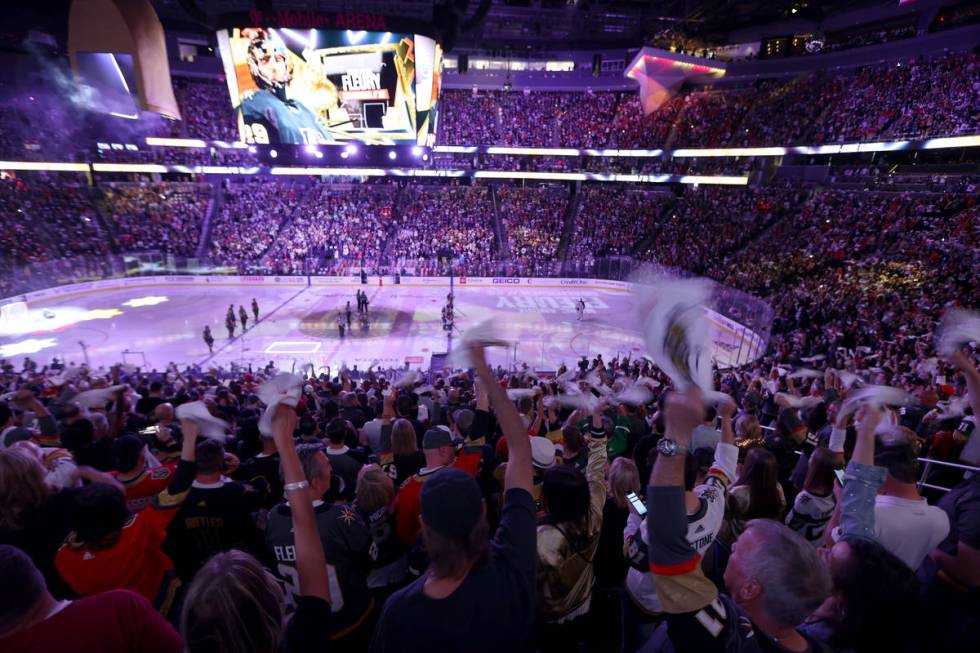 Fans attend Game 3 of a second-round NHL hockey Stanley Cup playoff series between the Vegas Go ...