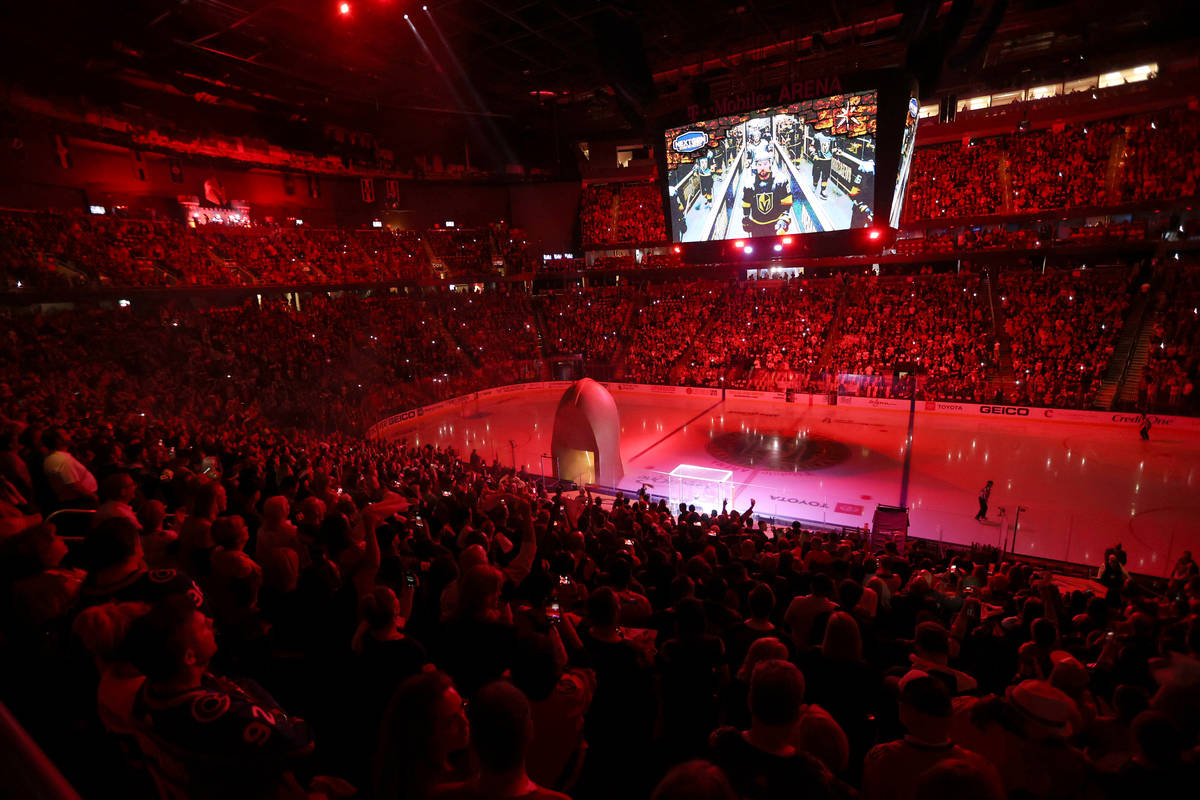 Fans attend Game 3 of a second-round NHL hockey Stanley Cup playoff series between the Vegas Go ...