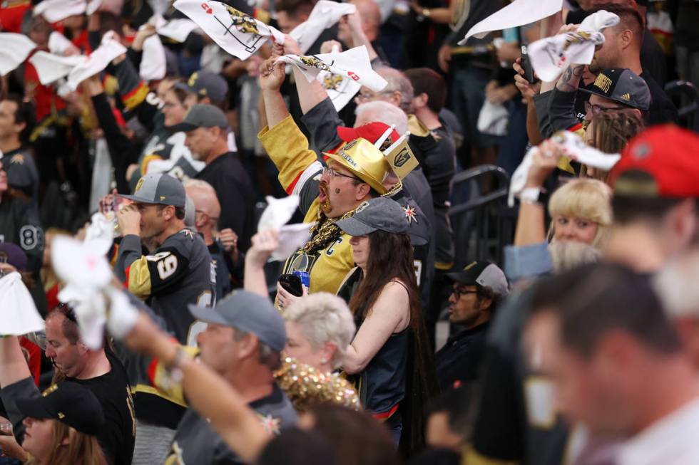 Fans cheers before the start of Game 3 of a second-round NHL hockey Stanley Cup playoff series ...