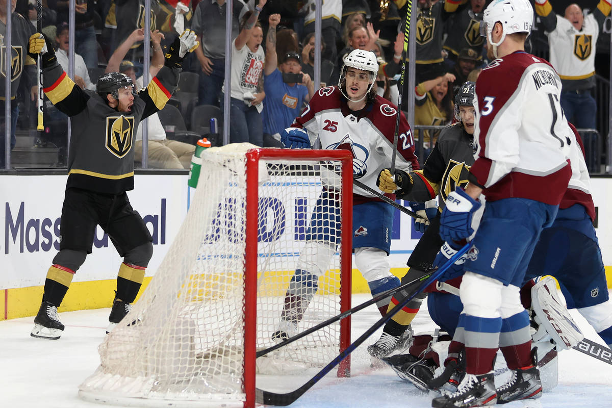 Vegas Golden Knights center Jonathan Marchessault (81) reacts after a shot for a score against ...