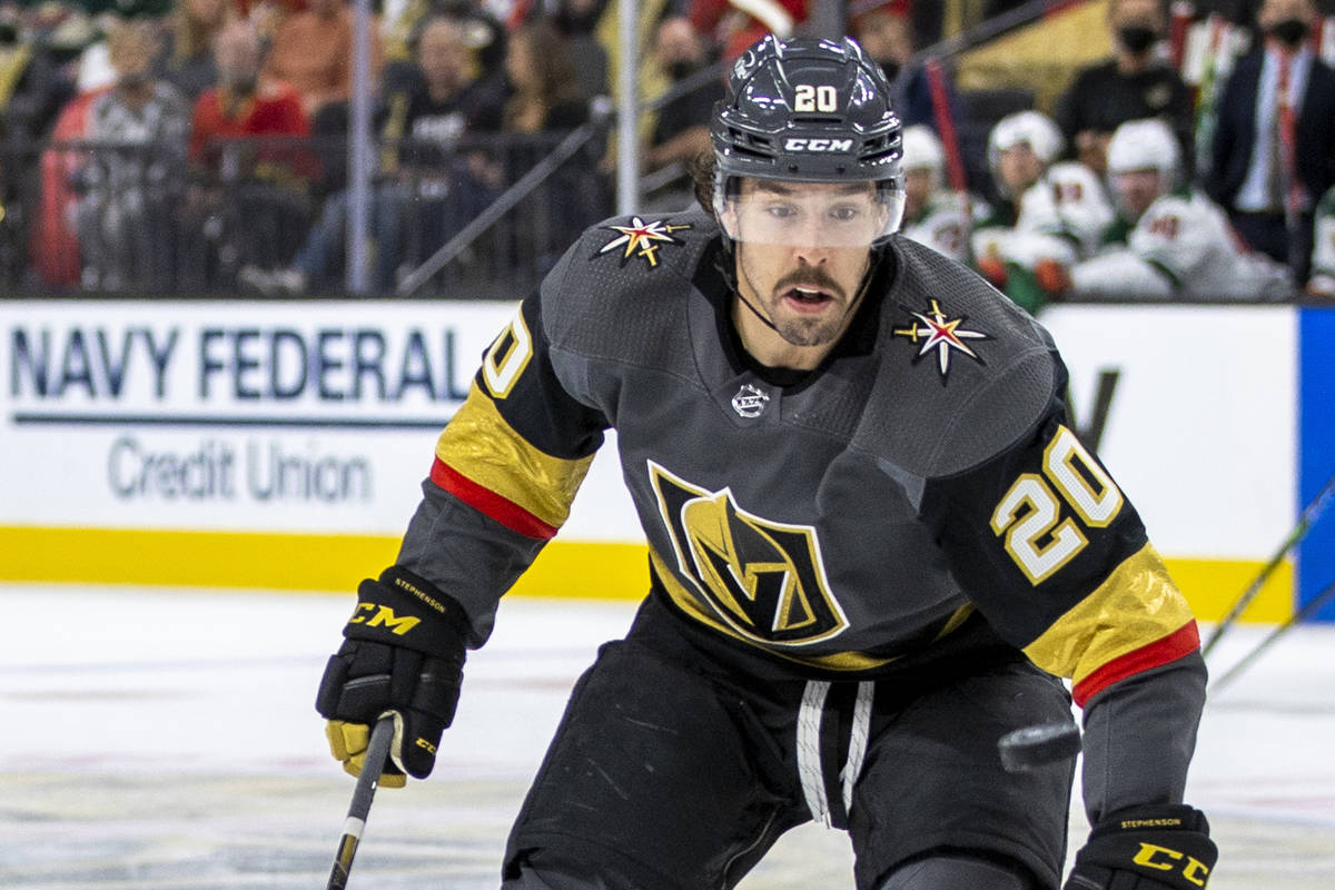 Golden Knights center Chandler Stephenson (20) eyes a puck versus the Minnesota Wild during the ...