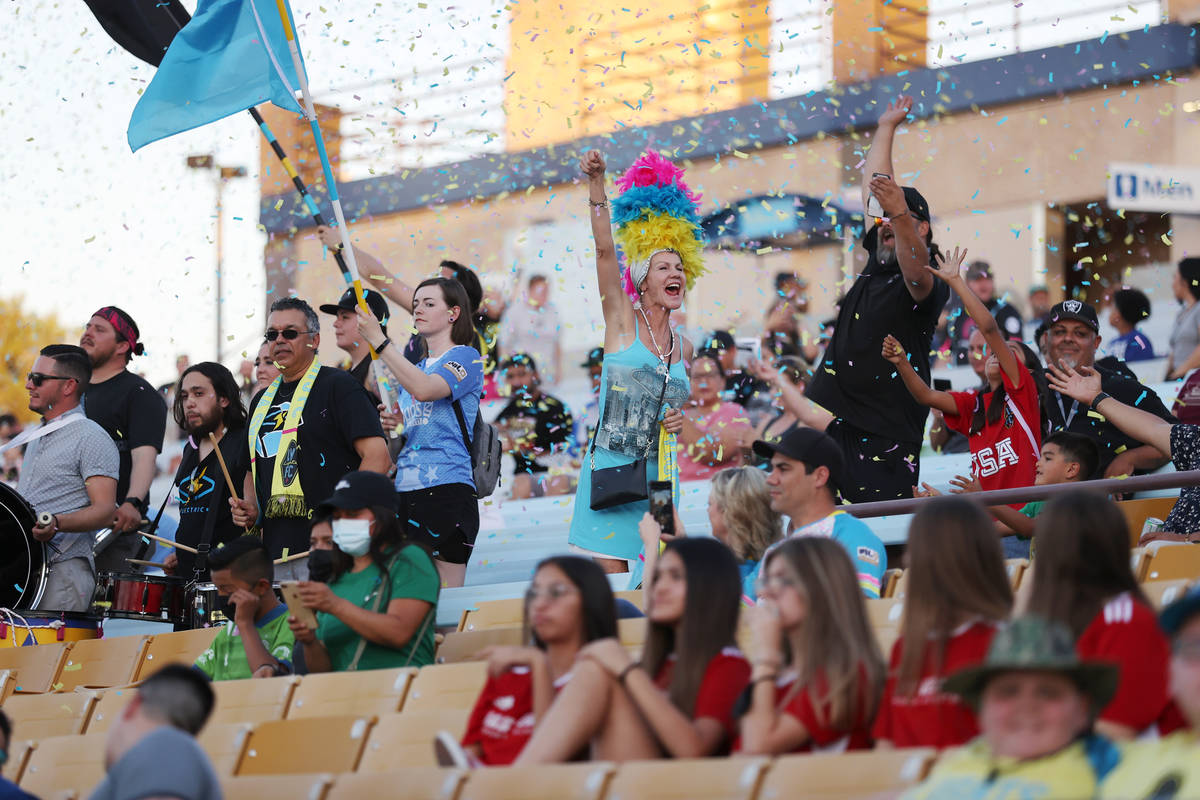 Fans get ready for the start of a USL Championship soccer game between the Las Vegas Lights and ...
