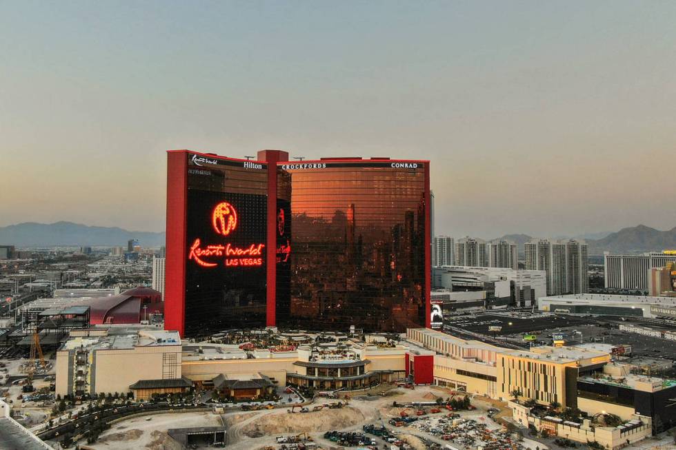 An aerial photo of Resorts World Las Vegas on the former site of the Stardust hotel casino on S ...