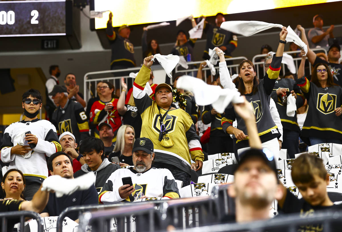 Golden Knights fans cheer as players warm up before Game 4 of an NHL hockey Stanley Cup second- ...