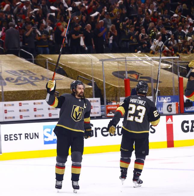 Golden Knights' Mark Stone celebrates after defeating Colorado Avalanche in Game 4 of an NHL ho ...