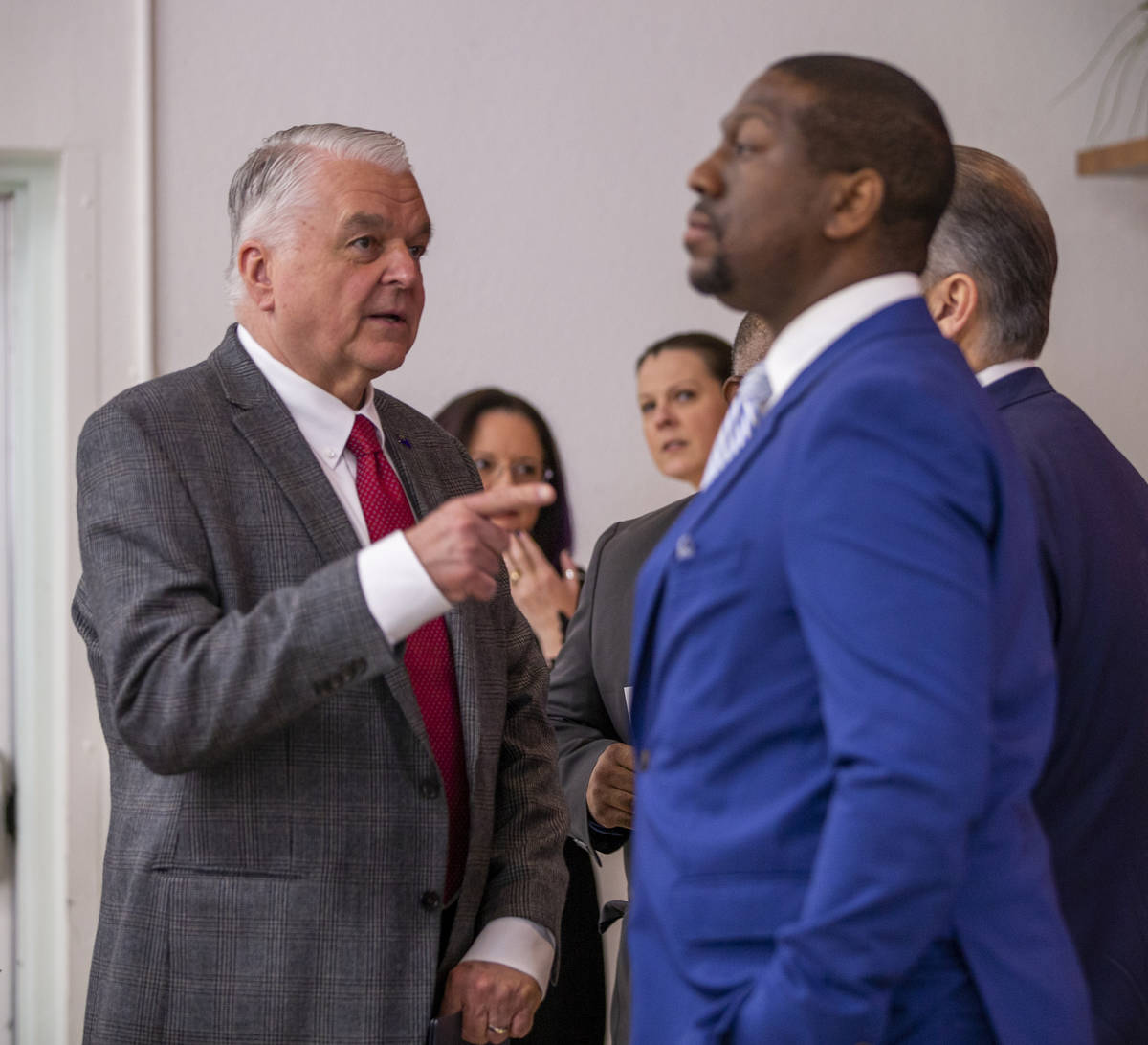 Gov. Steve Sisolak talks with President of the Nevada Mining Association Tyre Gray and others b ...