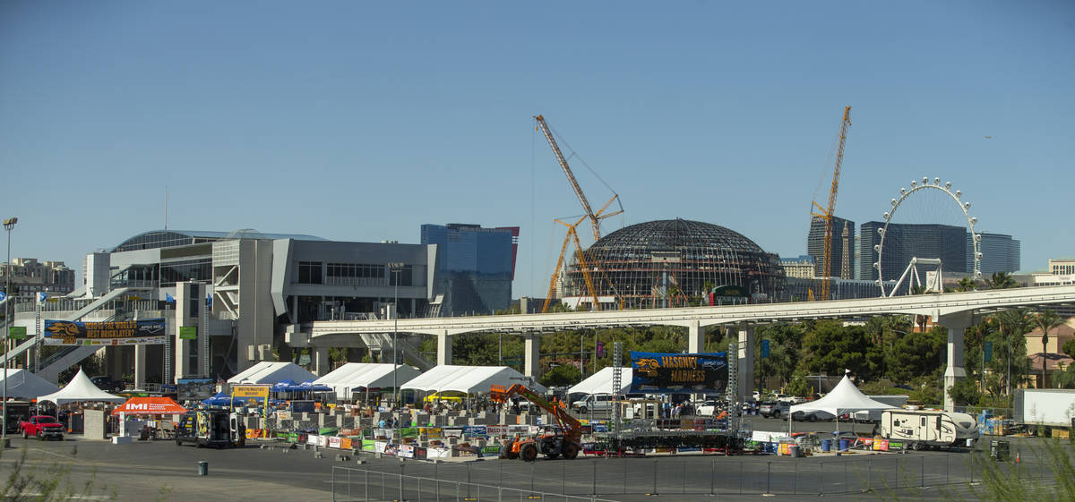 World of Concrete 2021 vendor displays are set up in the parking lot across from the Central Ha ...