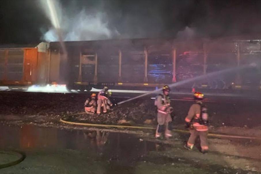 Las Vegas Fire Department crews worked to extinguish a train fire in downtown Las Vegas late Mo ...