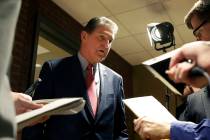 In this Nov. 1, 2018 photo, Sen. Joe Manchin speaks to reporters after a debate with Patrick Mo ...