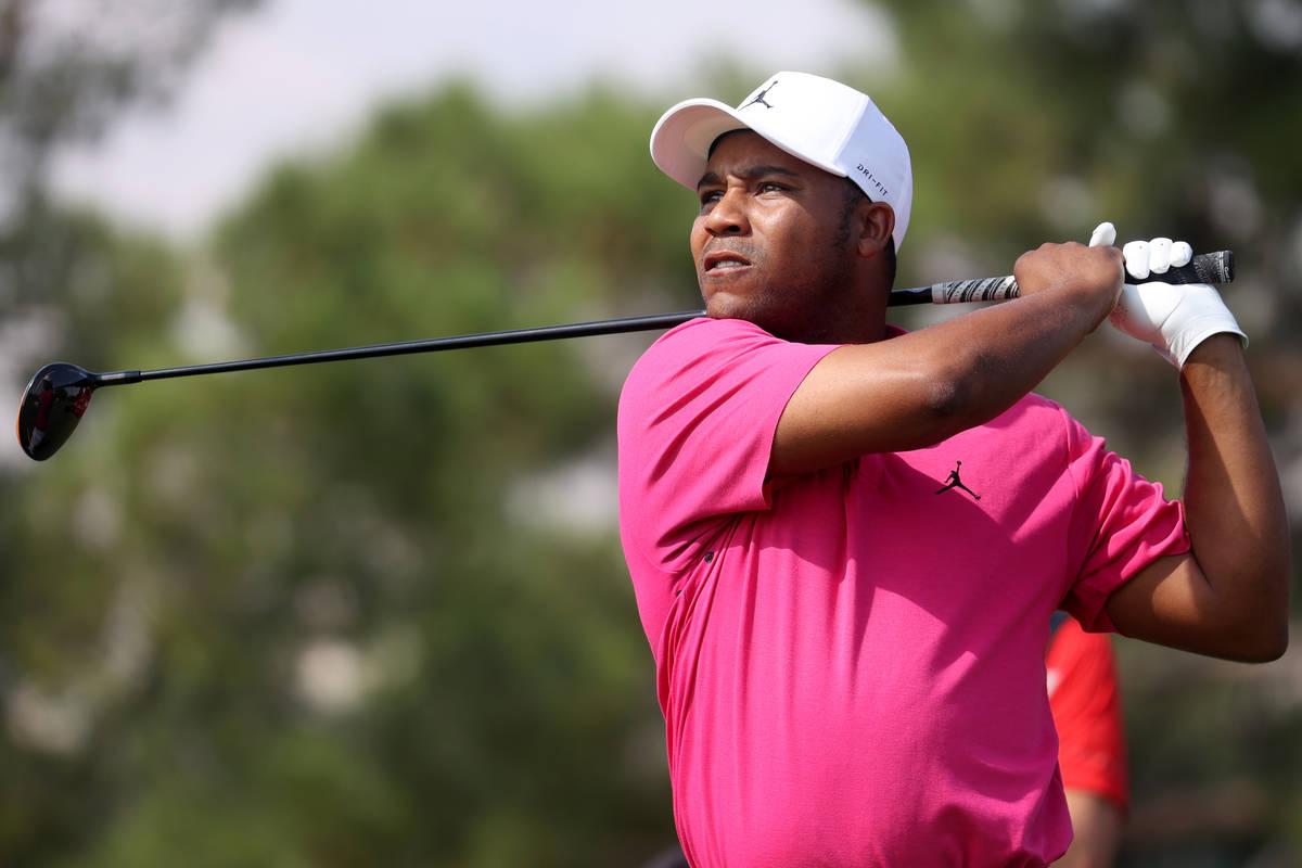 Harold Varner III tees off the first hole during round three of the 2020 Shriners Hospitals for ...