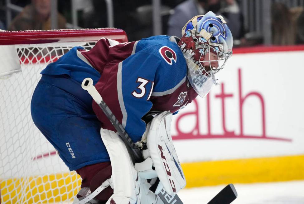 Colorado Avalanche goaltender Philipp Grubauer reacts after giving up a goal to Vegas Golden Kn ...