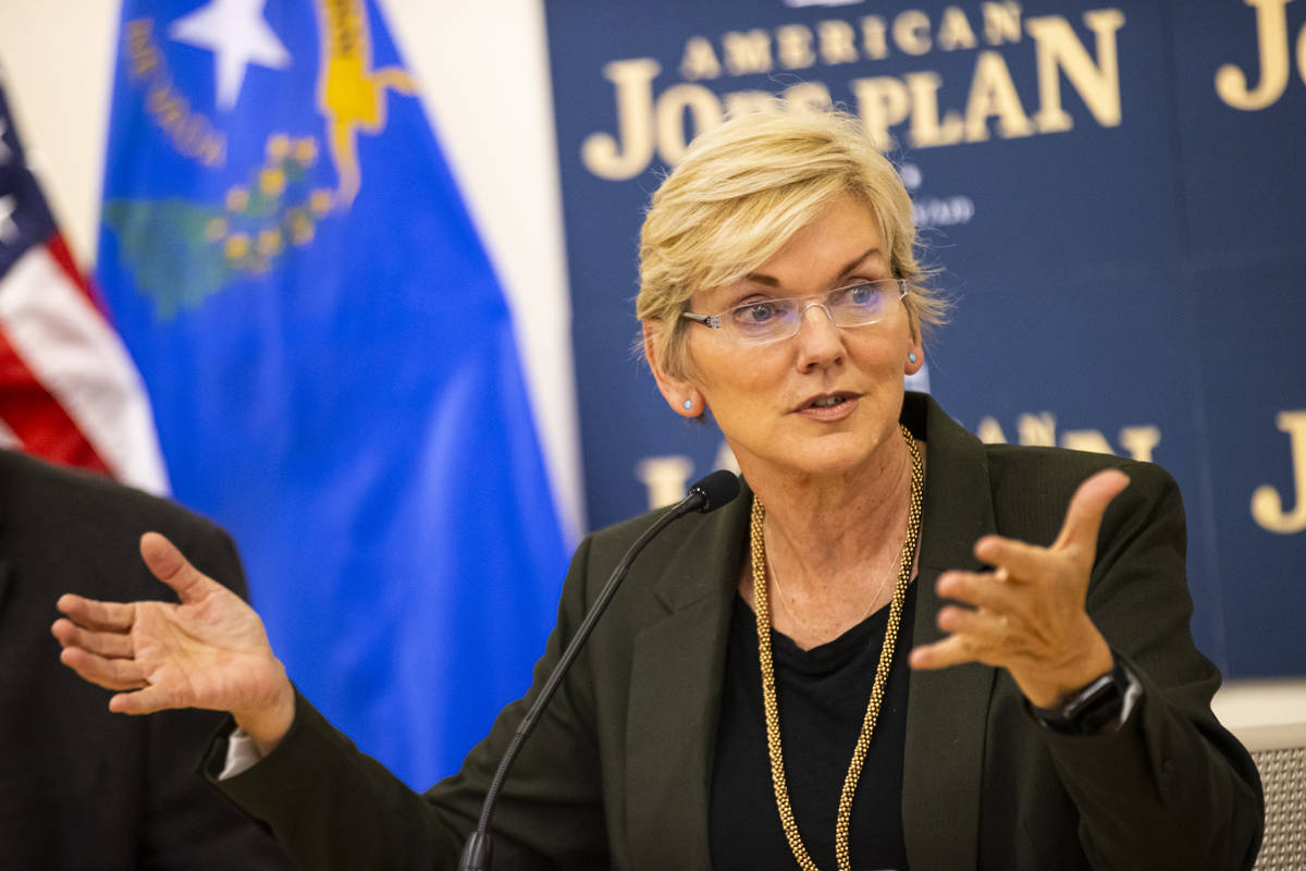 Energy Secretary Jennifer Granholm speaks during a roundtable discussion with clean energy advo ...