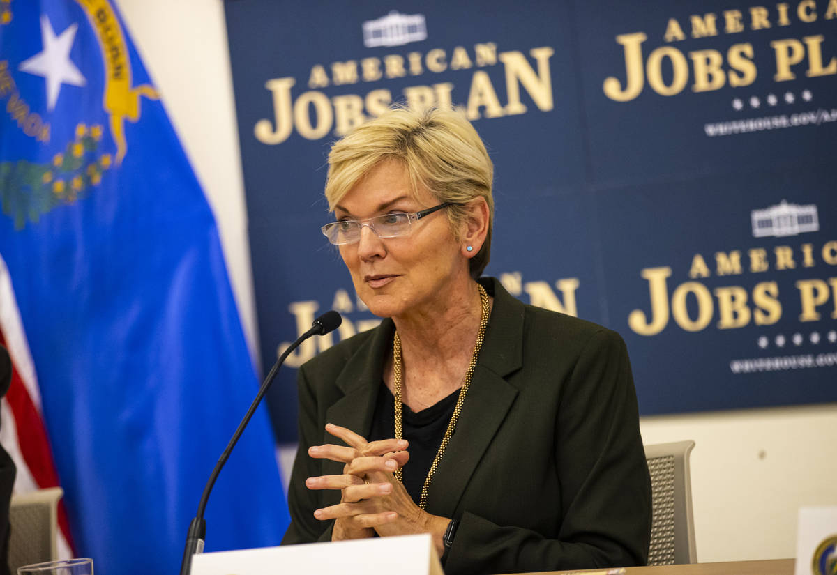 Energy Secretary Jennifer Granholm speaks during a roundtable discussion with clean energy advo ...