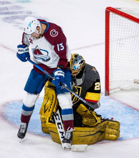 Colorado Avalanche right wing Valeri Nichushkin (13) has a shot defended by Golden Knights goal ...