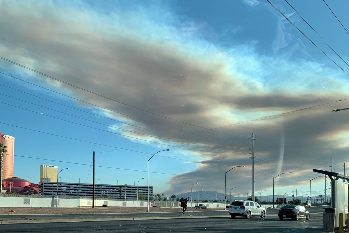 A fire on Potosi Mountain is seen from Sahara Avenue near I-15 in Las Vegas on Thursday, June 1 ...
