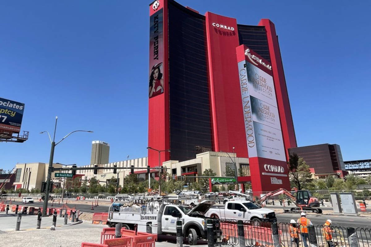 Road work continues on Las Vegas Boulevard in front of Resorts World on Tuesday, June 8, 2021. ...