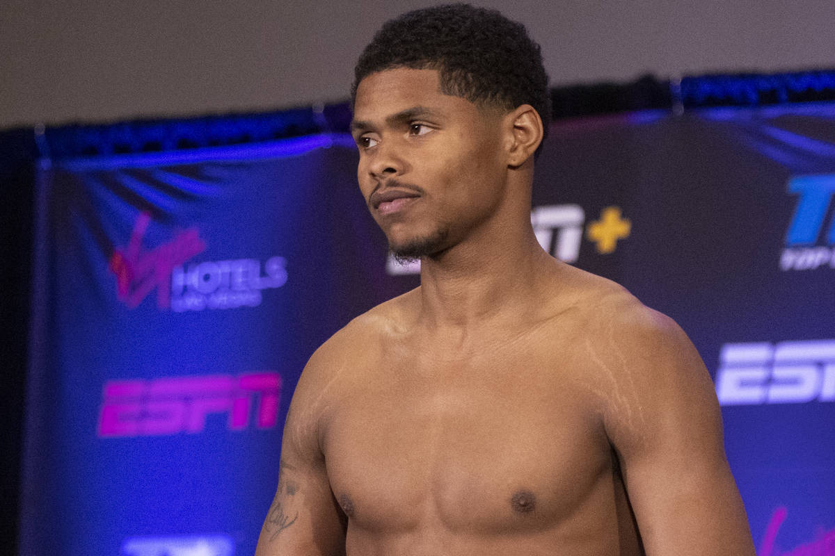 Shakur Stevenson looks on during a weigh-in event at the Virgin Hotels Las Vegas casino-hotel i ...