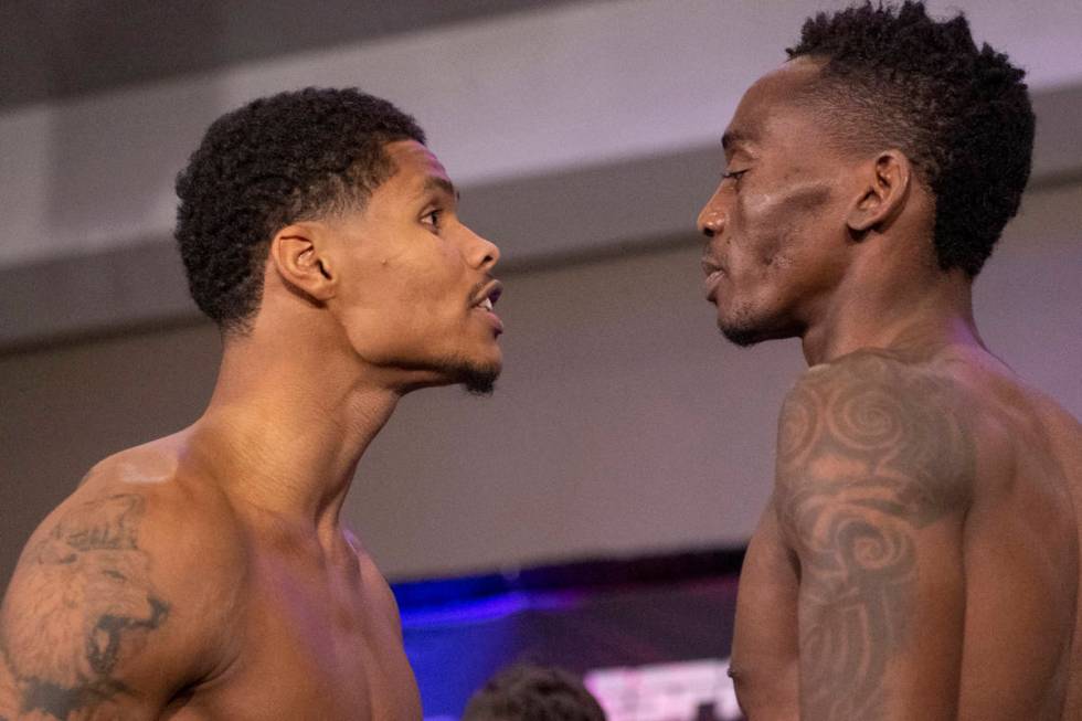 Shakur Stevenson, left, and Jeremiah Nakathila, face off during a weigh-in event at the Virgin ...