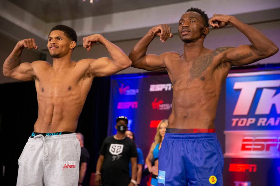 Shakur Stevenson, left, and Jeremiah Nakathila, pose during a weigh-in event at the Virgin Hote ...